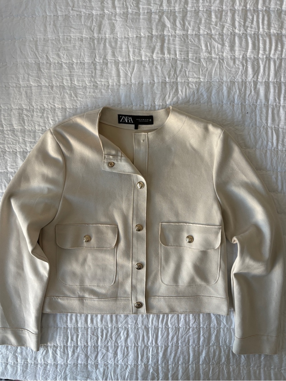 Zara Ivory Crewneck Cropped faux suede Jacket with Gold Buttons